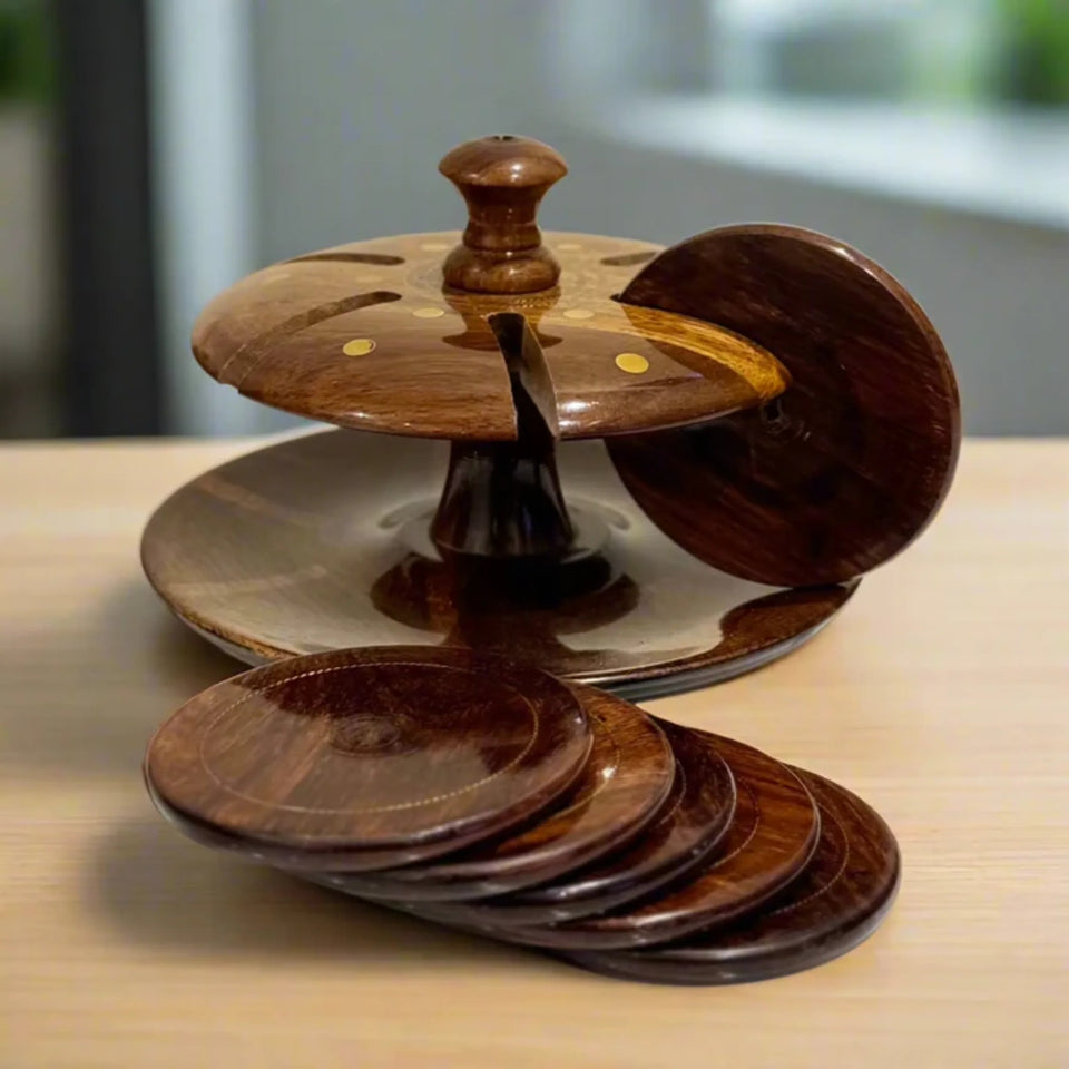 Handcrafted Wooden Tea Mat Set with Brass Work – Traditional Wooden Coasters & Table Decor Set