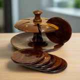 Handcrafted Wooden Tea Mat Set with Brass Work – Traditional Coasters for Tea & Table Decor