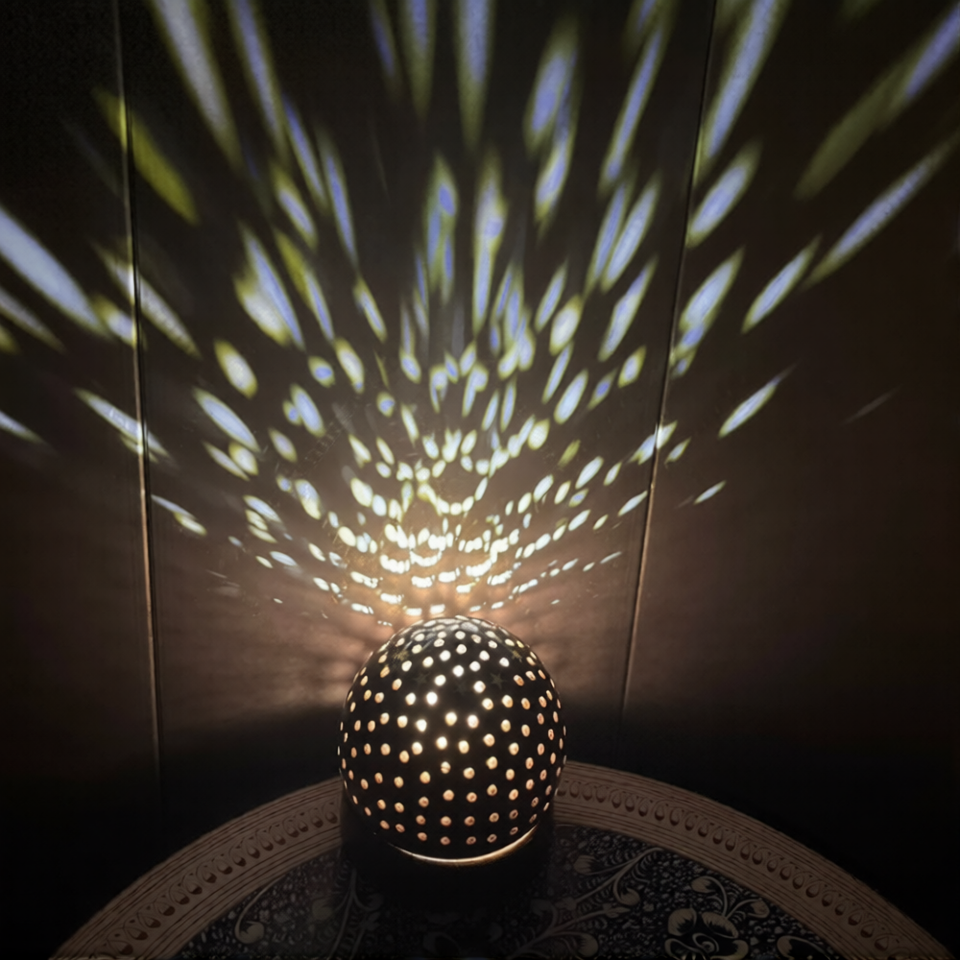 Handcrafted Dome-Shaped Wooden Lamp – Artistic Perforated Ambient Table Light