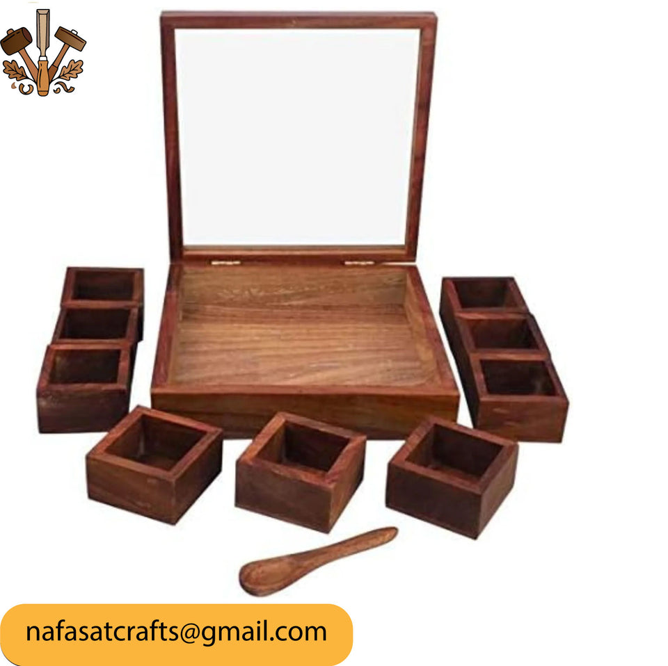 9 Section Wooden Masala Box with Lid – Handmade Wooden Spice Box Organizer for Kitchen Storage