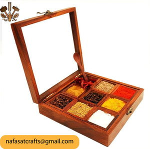 9 Section Wooden Masala Box with Lid – Handmade Wooden Spice Box Organizer for Kitchen Storage