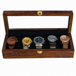Handcrafted 5-Section Wooden Watch Box – Glass Display Top with Black Velvet Interior | Luxury Watch Organizer