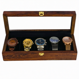 Handcrafted 5-Section Wooden Watch Box – Glass Display Top with Black Velvet Interior | Luxury Watch Organizer