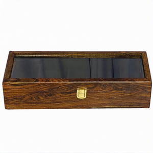 Handcrafted 5-Section Wooden Watch Box – Glass Display Top with Black Velvet Interior | Luxury Watch Organizer