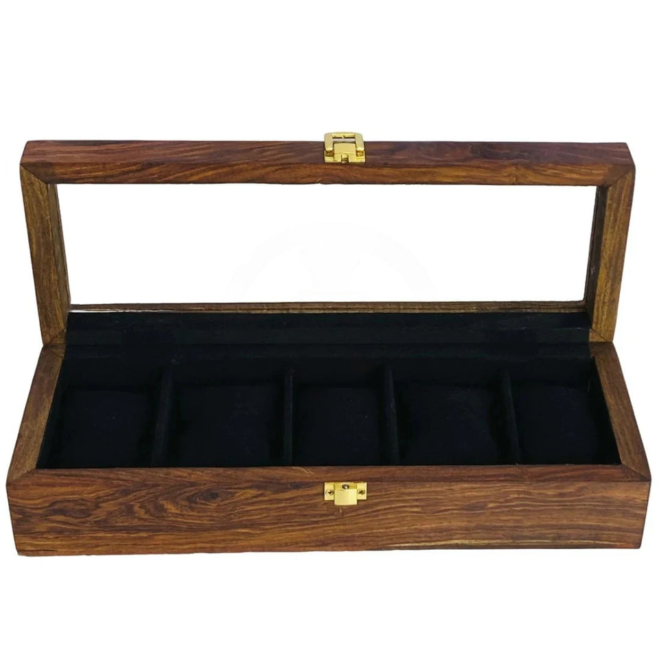 Handcrafted 5-Section Wooden Watch Box – Glass Display Top with Black Velvet Interior | Luxury Watch Organizer
