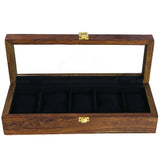Handcrafted 5-Section Wooden Watch Box – Glass Display Top with Black Velvet Interior | Luxury Watch Organizer