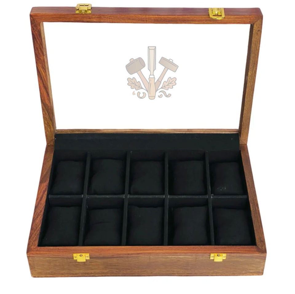 Handcrafted 10-Section Wooden Watch Box – Black Velvet Interior with Glass Display Top