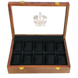 Handcrafted 10-Section Wooden Watch Box – Black Velvet Interior with Glass Display Top