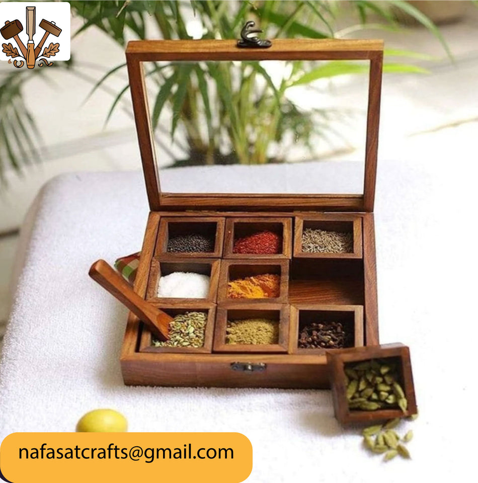 9 Section Wooden Masala Box with Lid – Handmade Wooden Spice Box Organizer for Kitchen Storage