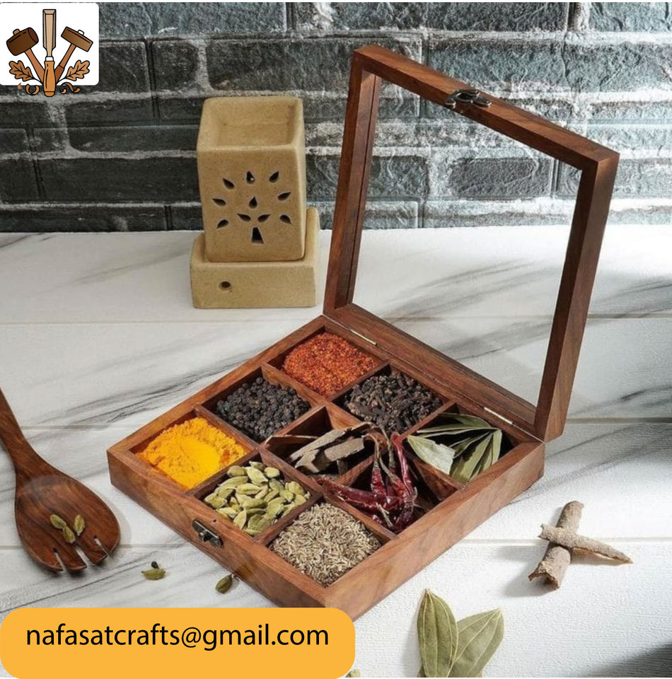 9 Section Wooden Masala Box with Lid – Handmade Wooden Spice Box Organizer for Kitchen Storage