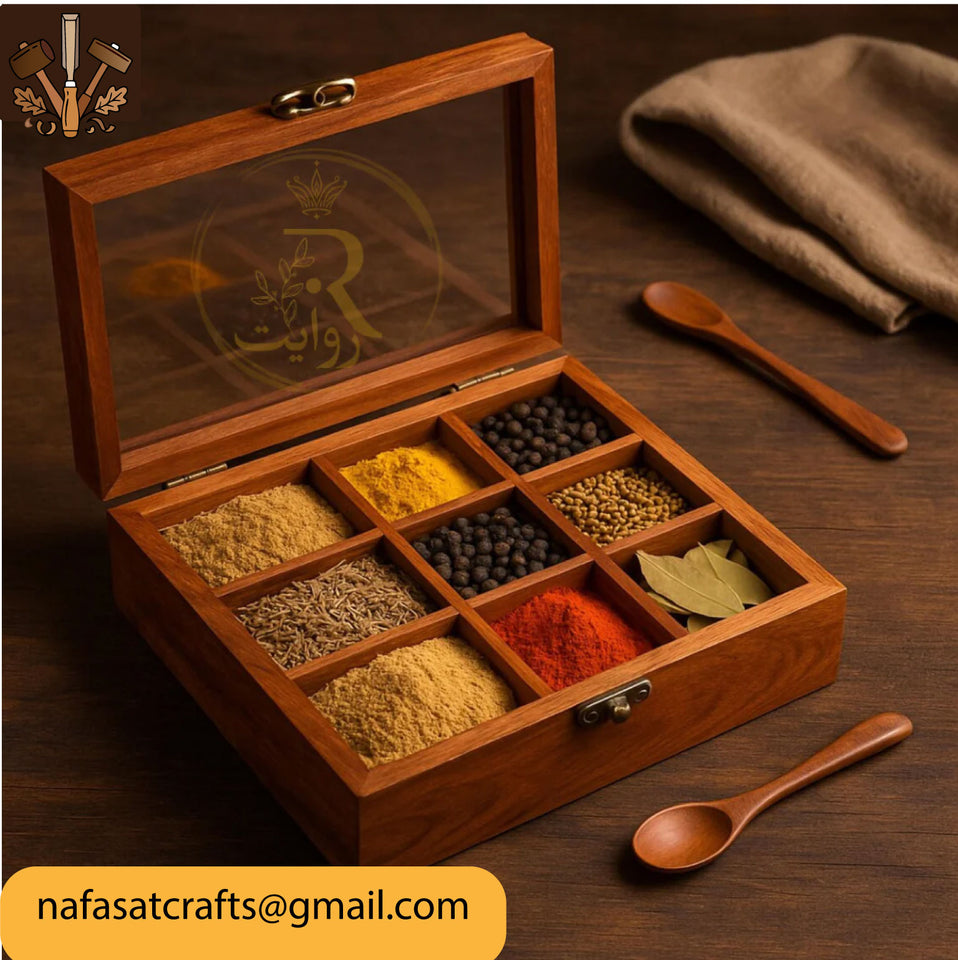 9 Section Wooden Masala Box with Lid – Handmade Wooden Spice Box Organizer for Kitchen Storage