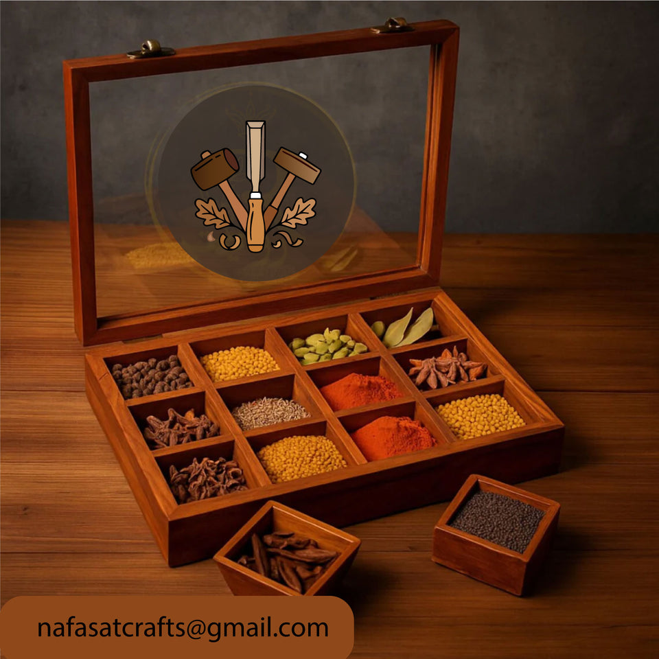 9 Section Wooden Masala Box with Lid – Handmade Wooden Spice Box Organizer for Kitchen Storage