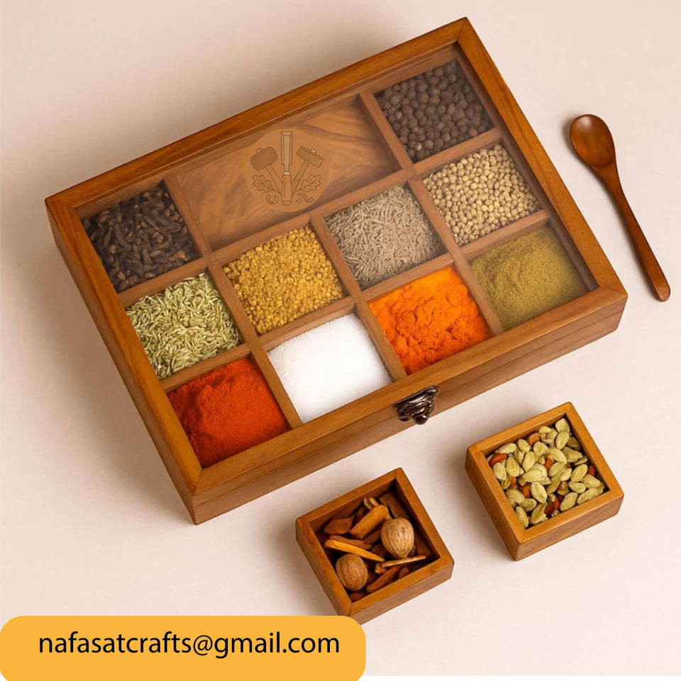 9 Section Wooden Masala Box with Lid – Handmade Wooden Spice Box Organizer for Kitchen Storage