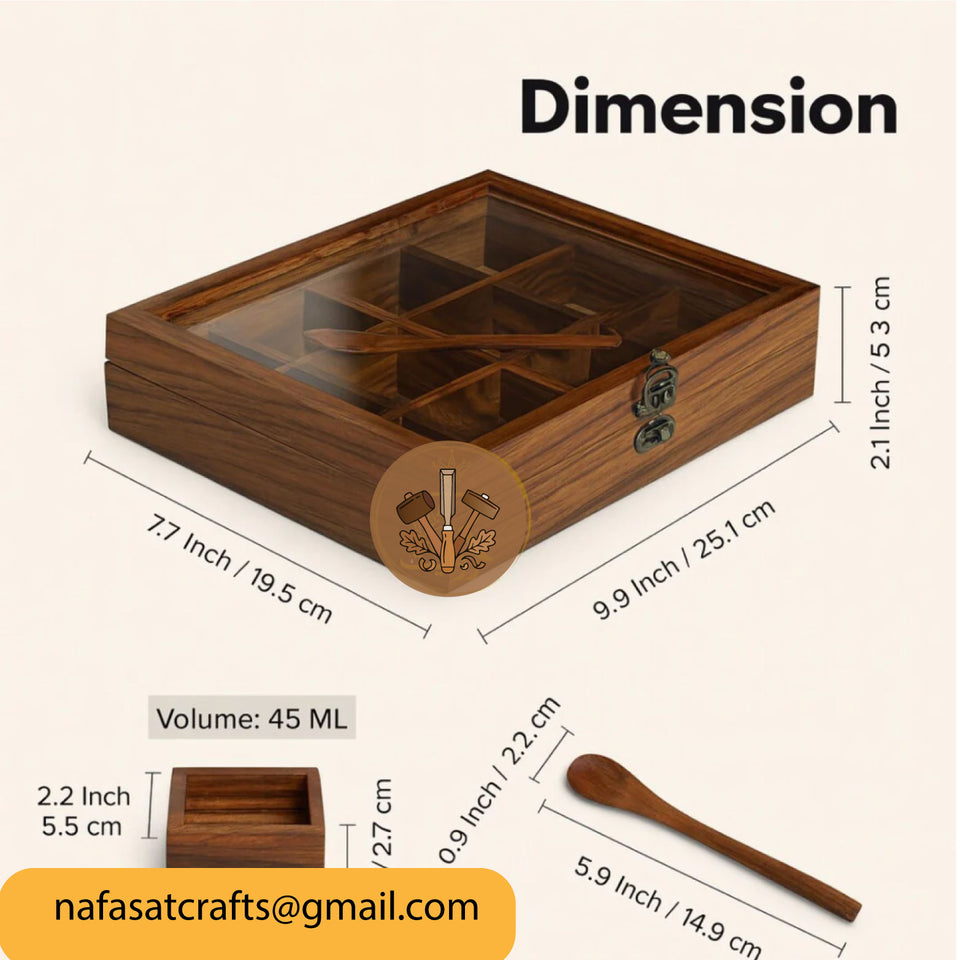 9 Section Wooden Masala Box with Lid – Handmade Wooden Spice Box Organizer for Kitchen Storage