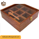 9 Section Wooden Masala Box with Lid – Handmade Wooden Spice Box Organizer for Kitchen Storage