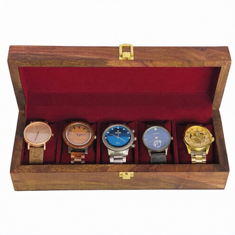 Handcrafted 5-Section Wooden Watch Box – Premium Wooden Lid Watch Organizer & Storage Case