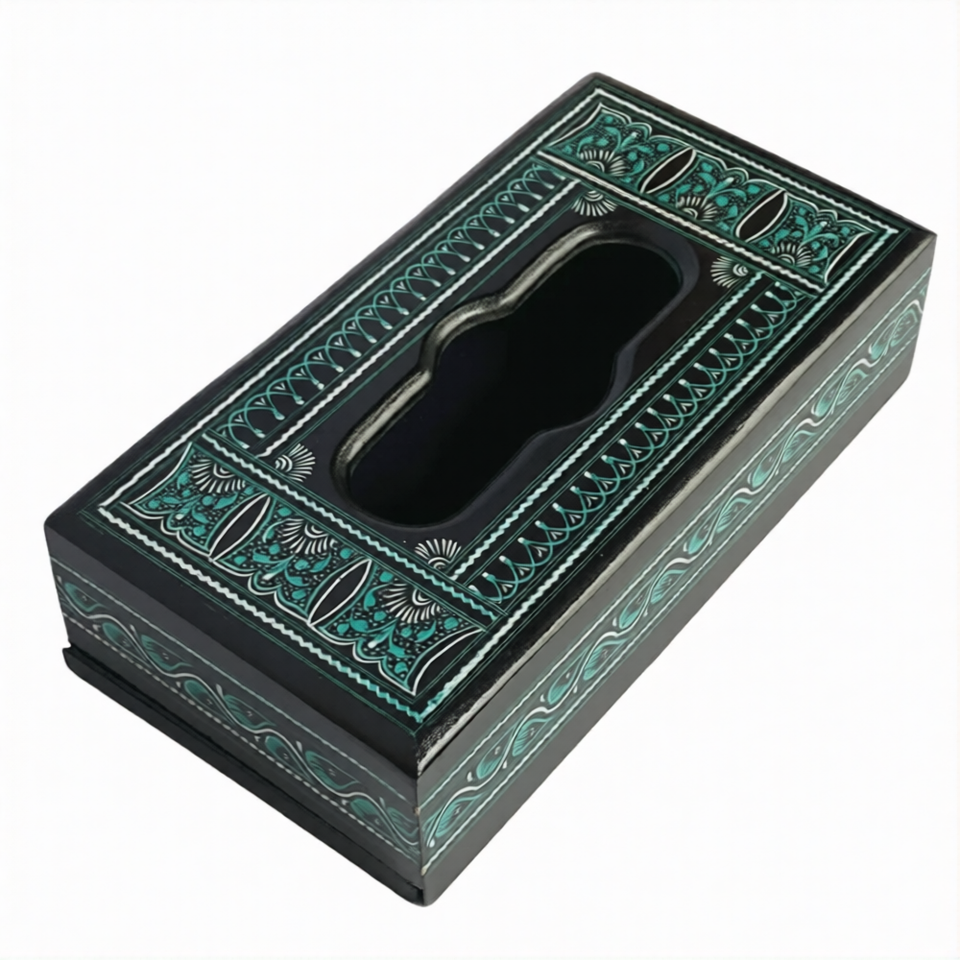 Handcrafted Naqshi Wooden Tissue Box – Decorative Tissue Holder (Red, Blue & Green)