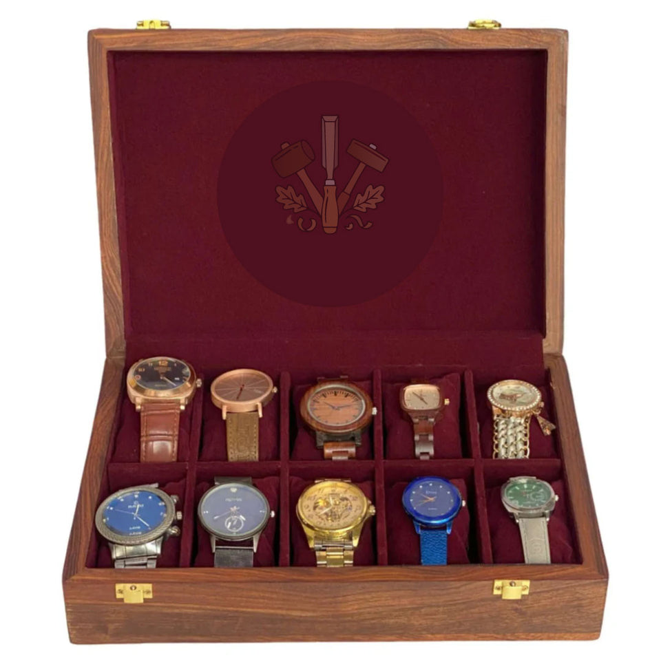 Handcrafted 10-Slot Wooden Watch Box – Premium Watch Organizer with Red Velvet Interior & Solid Wooden Lid