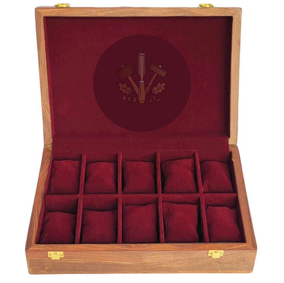 Handcrafted 10-Slot Wooden Watch Box – Premium Watch Organizer with Red Velvet Interior & Solid Wooden Lid