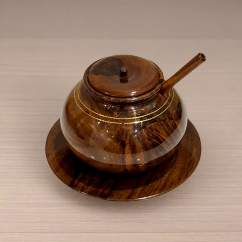 Handcrafted Wooden Sugar Pot with Brass Work – Traditional Kitchen & Table Decor