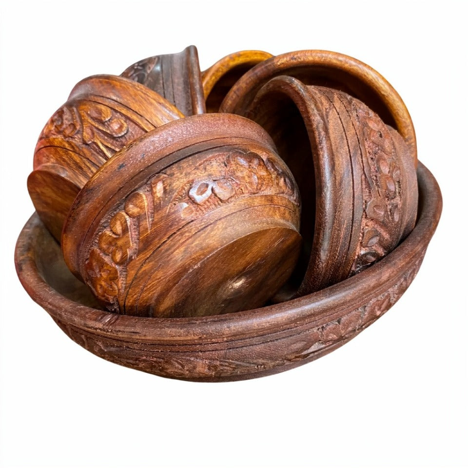 Handcrafted Wooden Bowl Set – 1 Large & 6 Small Serving Bowls for Dining Table & Kitchen