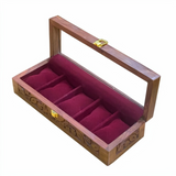 Handcrafted Carved Wooden Watch Box – 5 Slot Watch Organizer with Glass Top & Red Velvet Interior