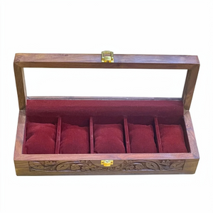 Handcrafted Carved Wooden Watch Box – 5 Slot Watch Organizer with Glass Top & Red Velvet Interior