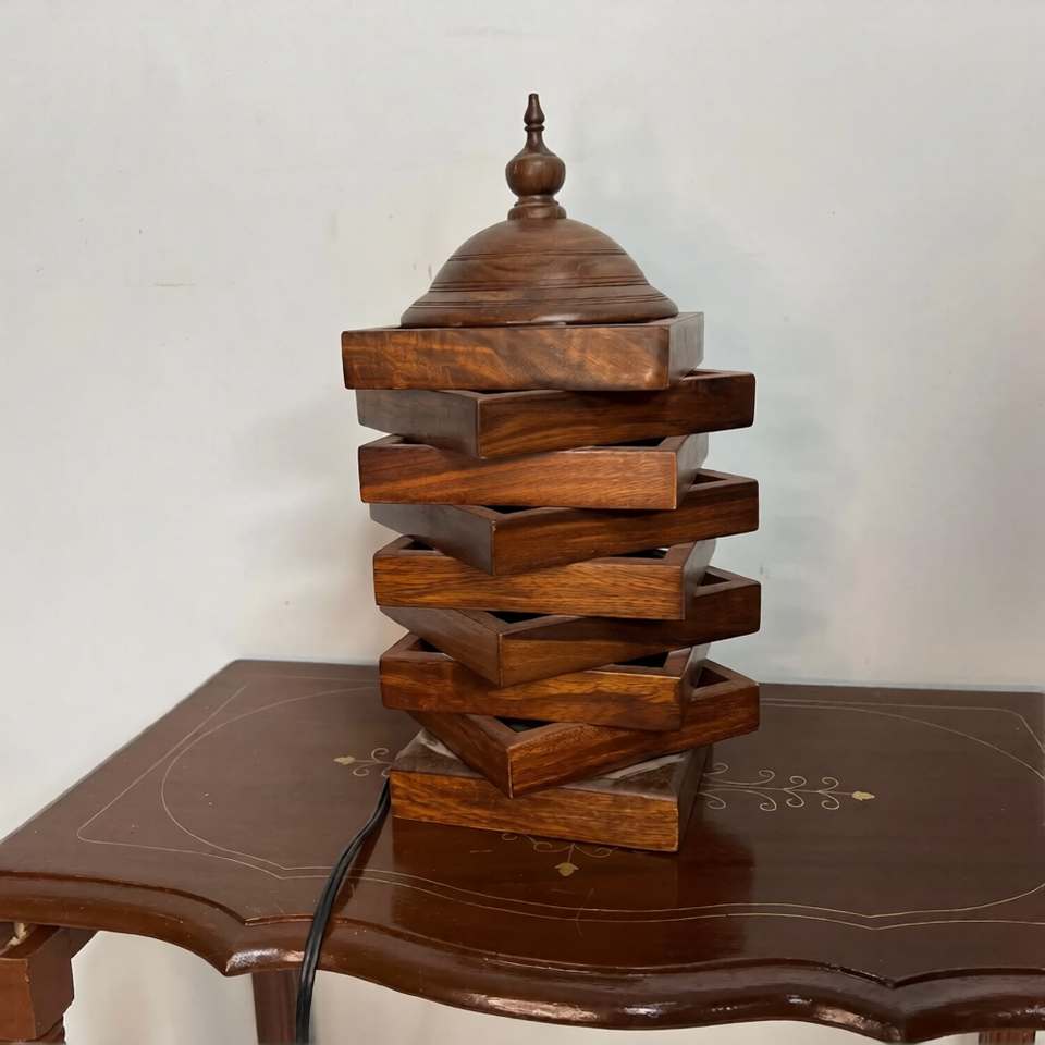 Handcrafted Wooden Table Lamp with Warm Light – Decorative Bedside & Living Room Lamp