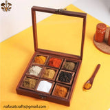 9 Section Wooden Masala Box with Lid – Handmade Wooden Spice Box Organizer for Kitchen Storage