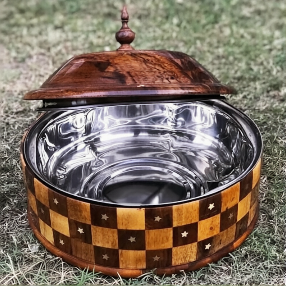 Handcrafted Wooden Roti Hotpot with Brass Work & Steel Bowl – Traditional Chapati Storage Box
