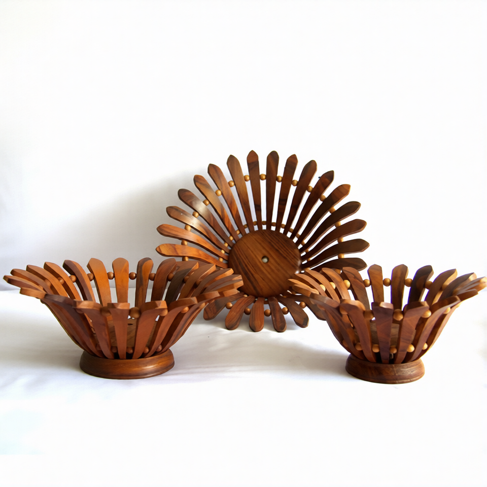Set of 3 Handcrafted Wooden Fruit Baskets – Decorative Kitchen & Dining Fruit Storage Bowls