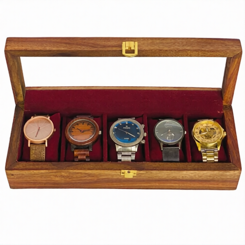 Handcrafted Wooden Watch Box for 5 Watches – Glass Top Display Case with Red Velvet Interior | Luxury Watch Organizer