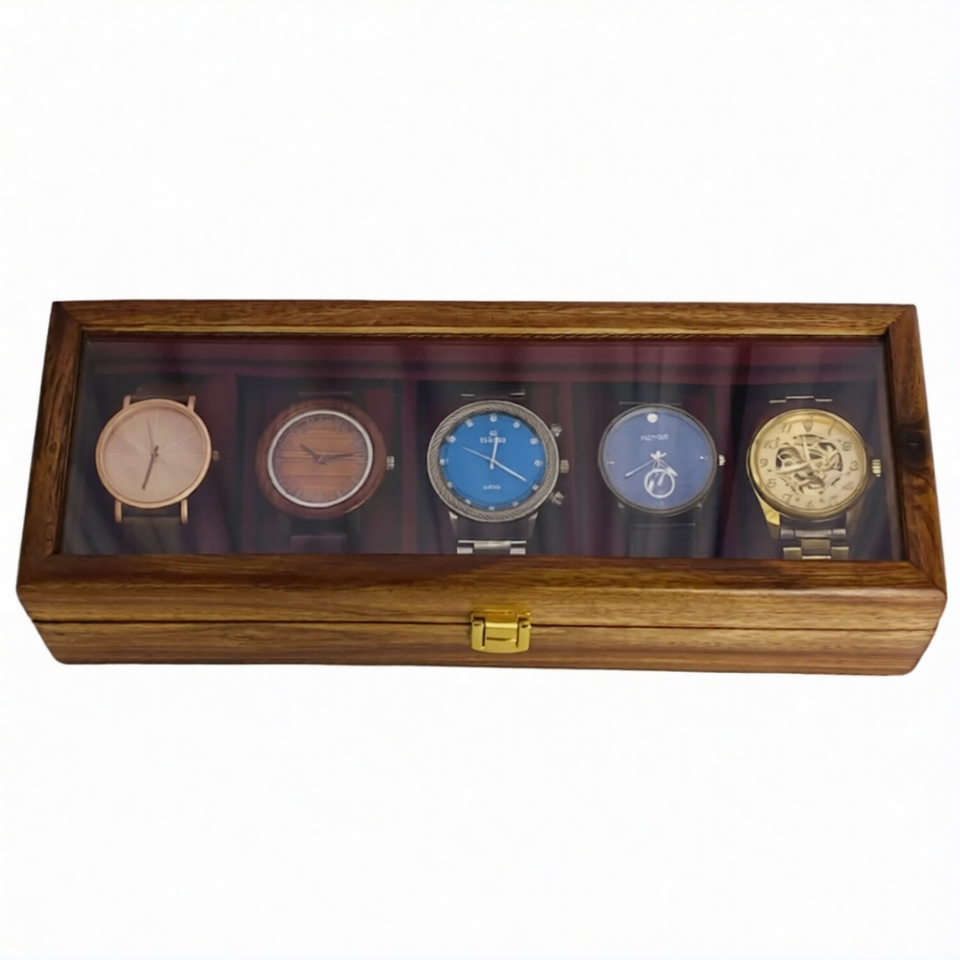 Handcrafted Wooden Watch Box for 5 Watches – Glass Top Display Case with Red Velvet Interior | Luxury Watch Organizer