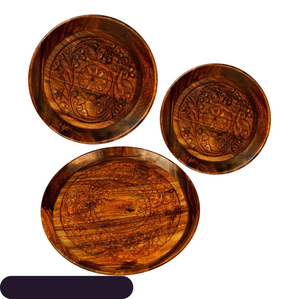 Handcrafted Sheesham Wood Plate Set (3 Pieces) – Premium Wooden Serving Plates
