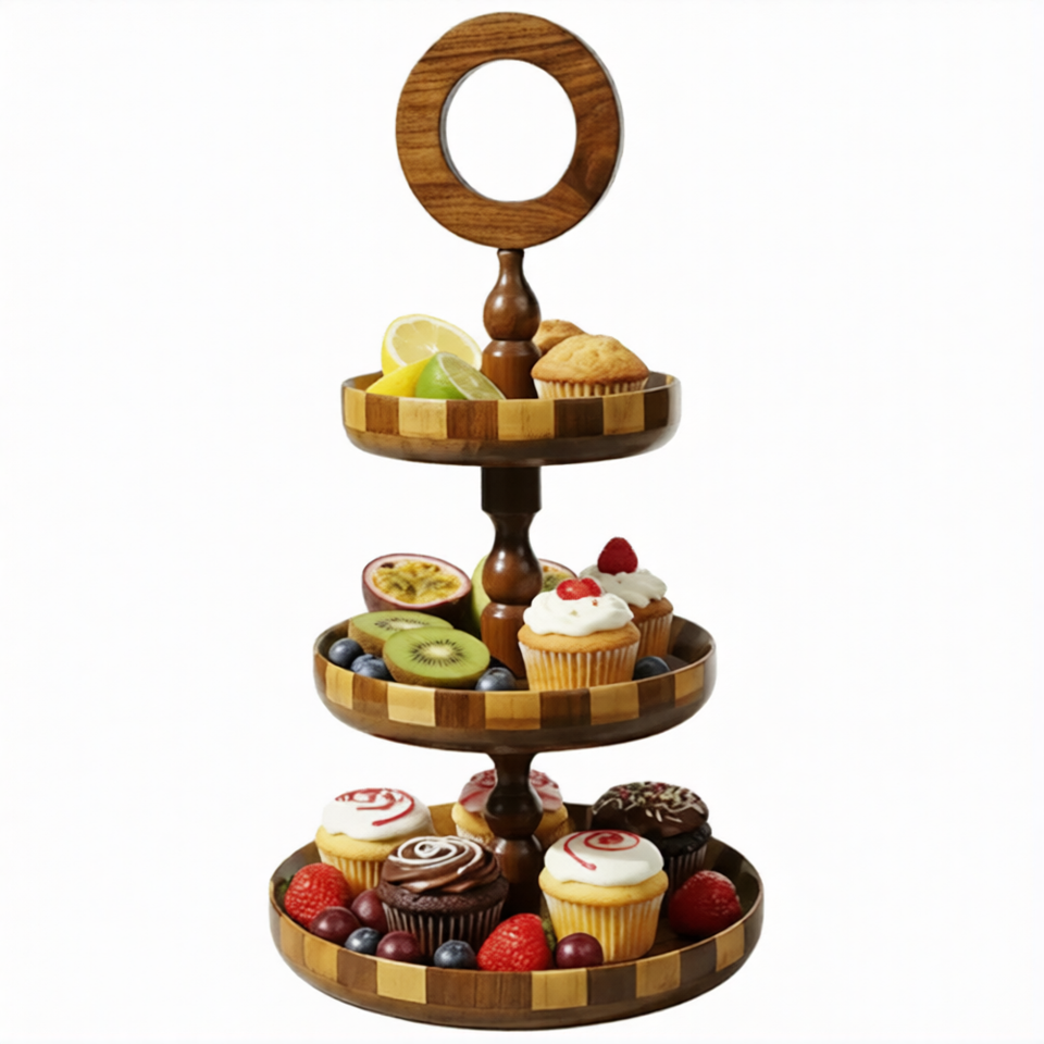 Handcrafted Sheesham Wood 3-Tiered Fruit & Cupcake Stand – Wooden Serving & Dessert Display Stand
